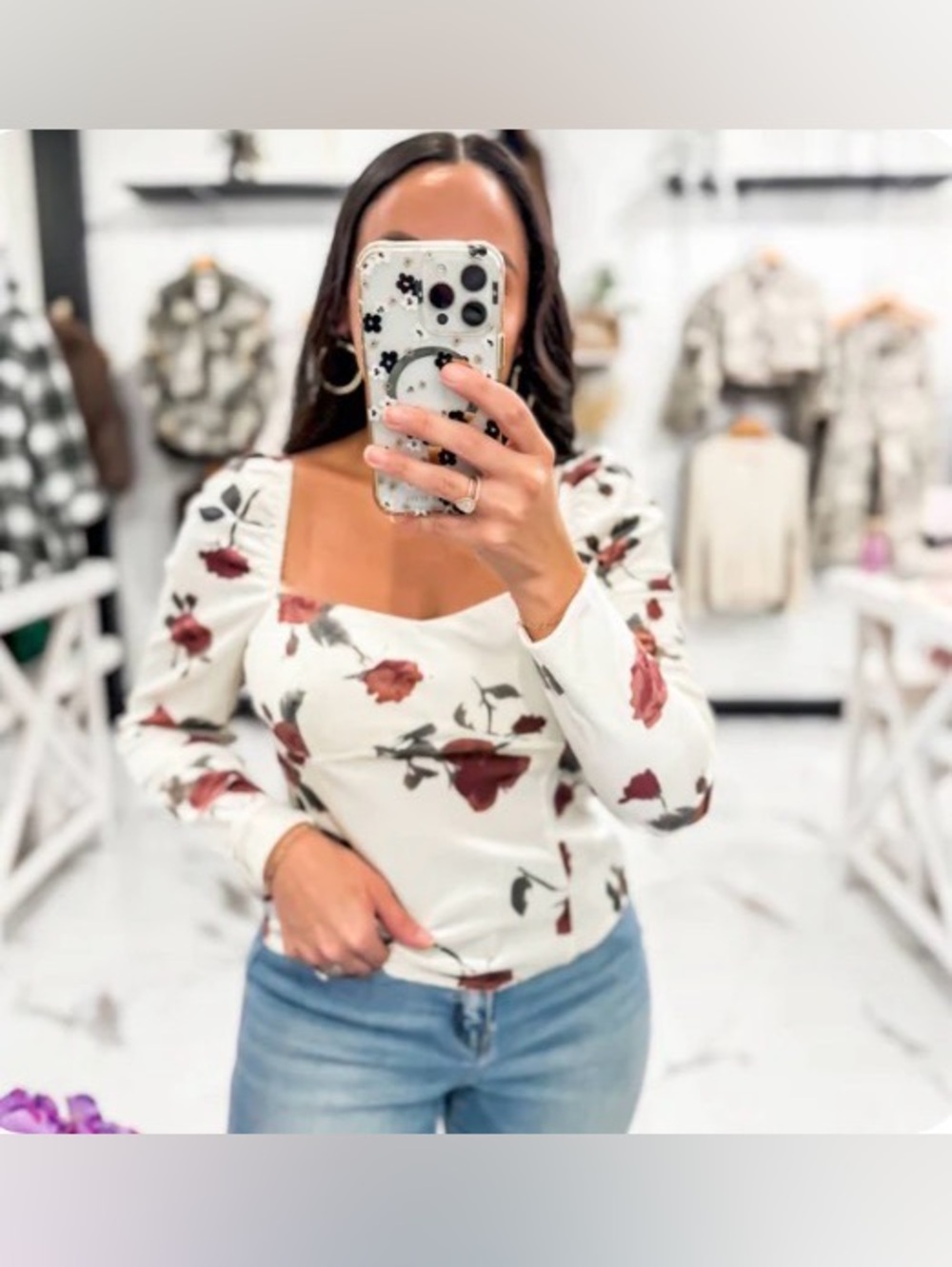 Lucy Paris Floral Square-Neck Puff Sleeve Top - White / Rose